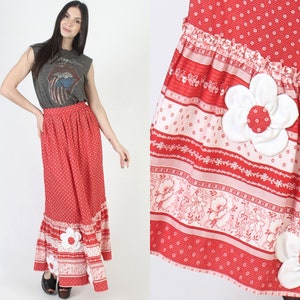 Long Cottagecore Embroidered Applique Floral Skirt, High Waisted Full A Line Fit, Red Cotton Prairie Maxi Outfit image 1