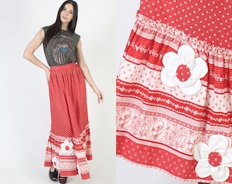 Long Cottagecore Embroidered Applique Floral Skirt, High Waisted Full A Line Fit, Red Cotton Prairie Maxi Outfit