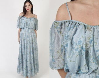 Off The Shoulder Garden Floral Dress / Long Light Blue Bright Flower Print / 70s Etherial Long Prom Gown