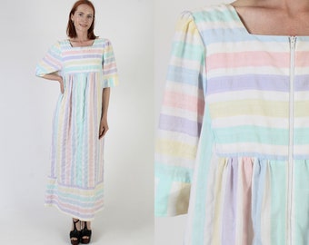 Pastel Striped Zip Up Lounge Caftan, Vintage 70s Vertical Horizontal Lined Print, Loose Bell Sleeve Cover Up Dress