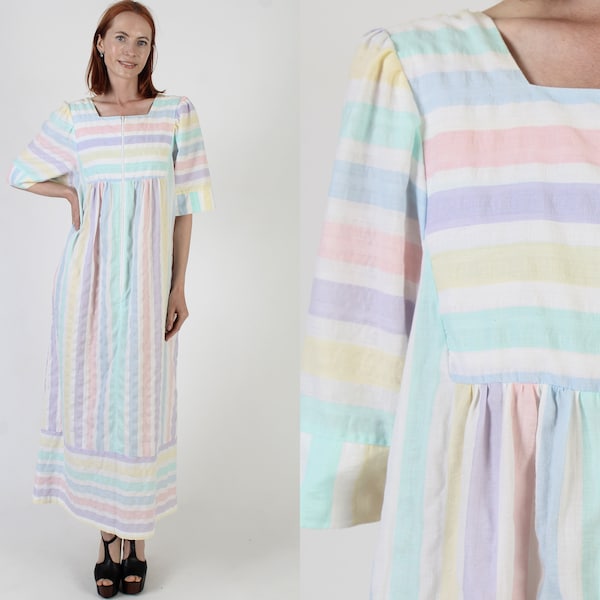 Pastel Striped Zip Up Lounge Caftan, Vintage 70s Vertical Horizontal Lined Print, Loose Bell Sleeve Cover Up Dress