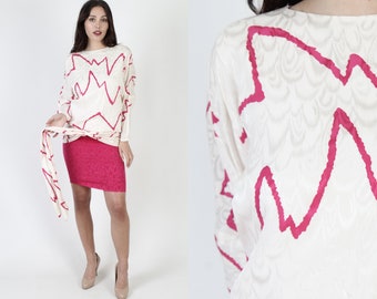 1980s Hot Pink Silk Dress, Vintage 80s Drop Waist Sash, Skinny Formfitting Pencil Skirt