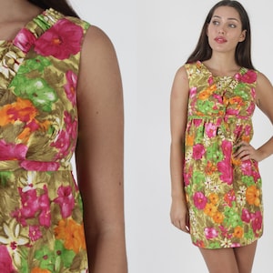 Tropical Vacation Dress, Pink Hawaiian Frock, 70&#39;s Floral Short Sundress