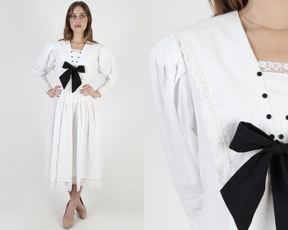 Vintage 70s Gunne Sax Deco Dress / Large Black Bow