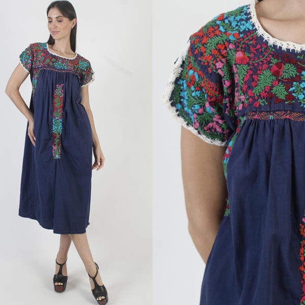 Navy Blue Oaxacan Dress, Mexican Fiesta Kaftan, Floral Hand Embroidery, San Antonio Sundress
