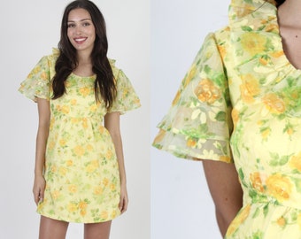 Bright Floral Summer Sundress With Loose Fitting Sleeves, Vintage 70s Canary Yellow Mini Dress