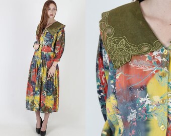 Vintage 70s India Bright Watercolor Floral Dress Drop Waist Ethnic Collar Maxi