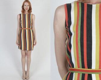 Colorful 60s Vertical Striped Scooter Dress, Soft Cotton Mod Frock With Belt, Vintage Mod Scooter Sundress