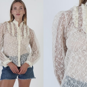 Cream Lace Victorian Blouse, Vintage 70s Country Top, Edwardian Peasant Shirt