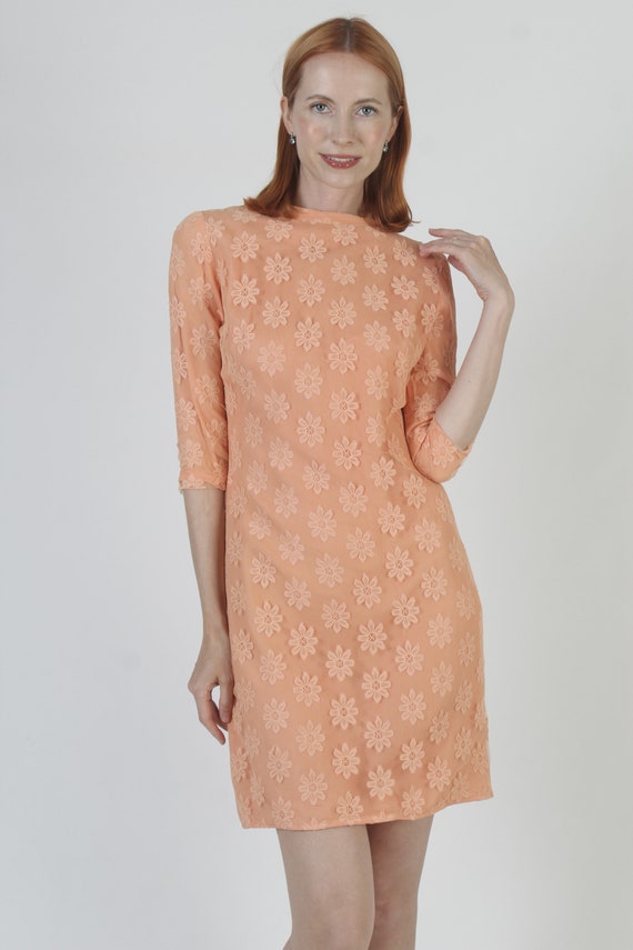 Vintage 60s Peach Floral Lace Mini Dress: Cocktai… - image 2