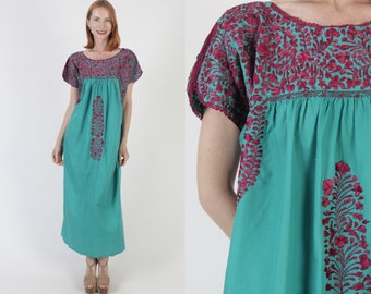 Mexican Hand Embroidered Oaxacan Dress Plus Size San Antonio Floral Caftan Extra Large Womens Puebla Dress