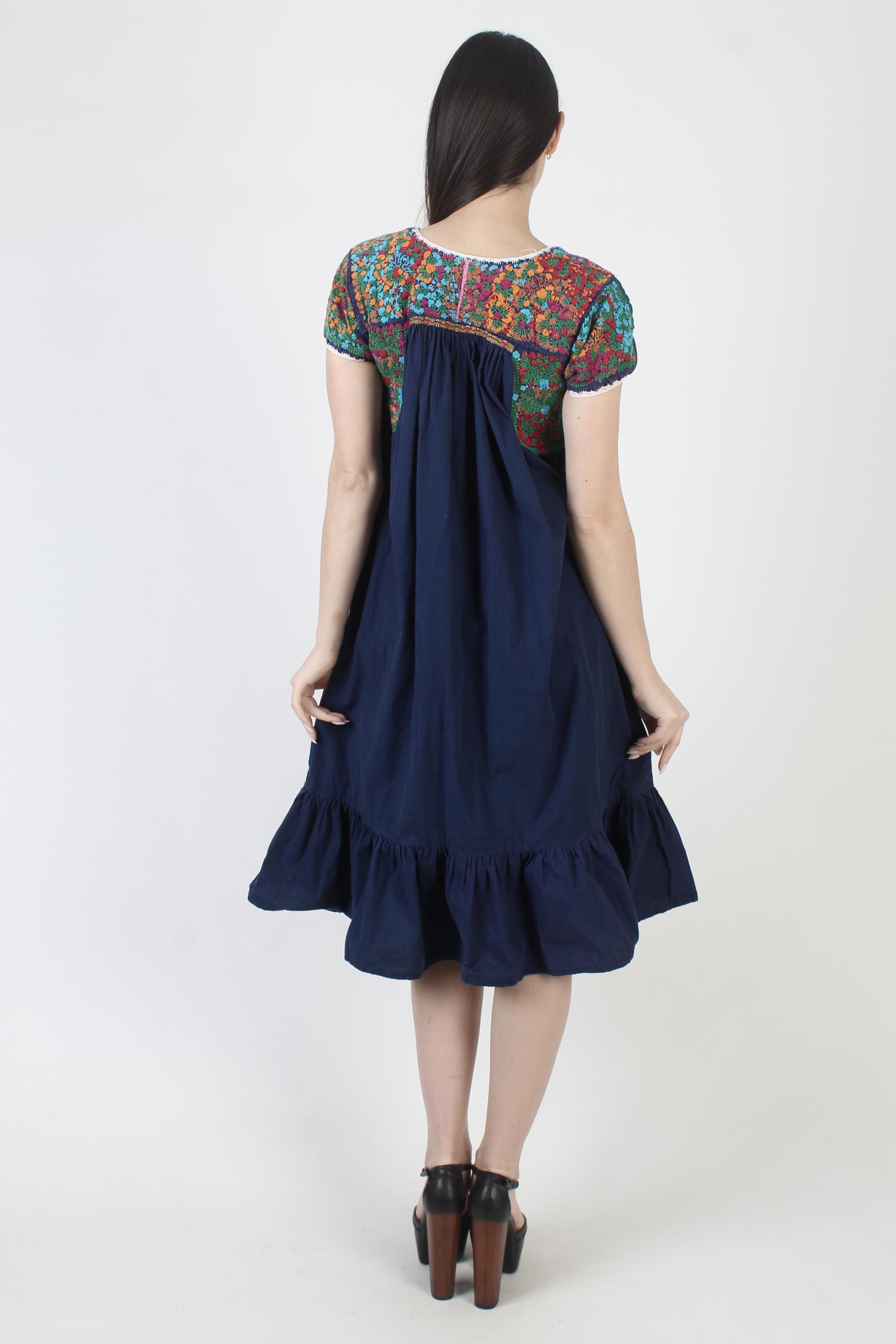 本物のブルーオアハカドレス、メキシコの手刺繍サンドレス、ネイビー