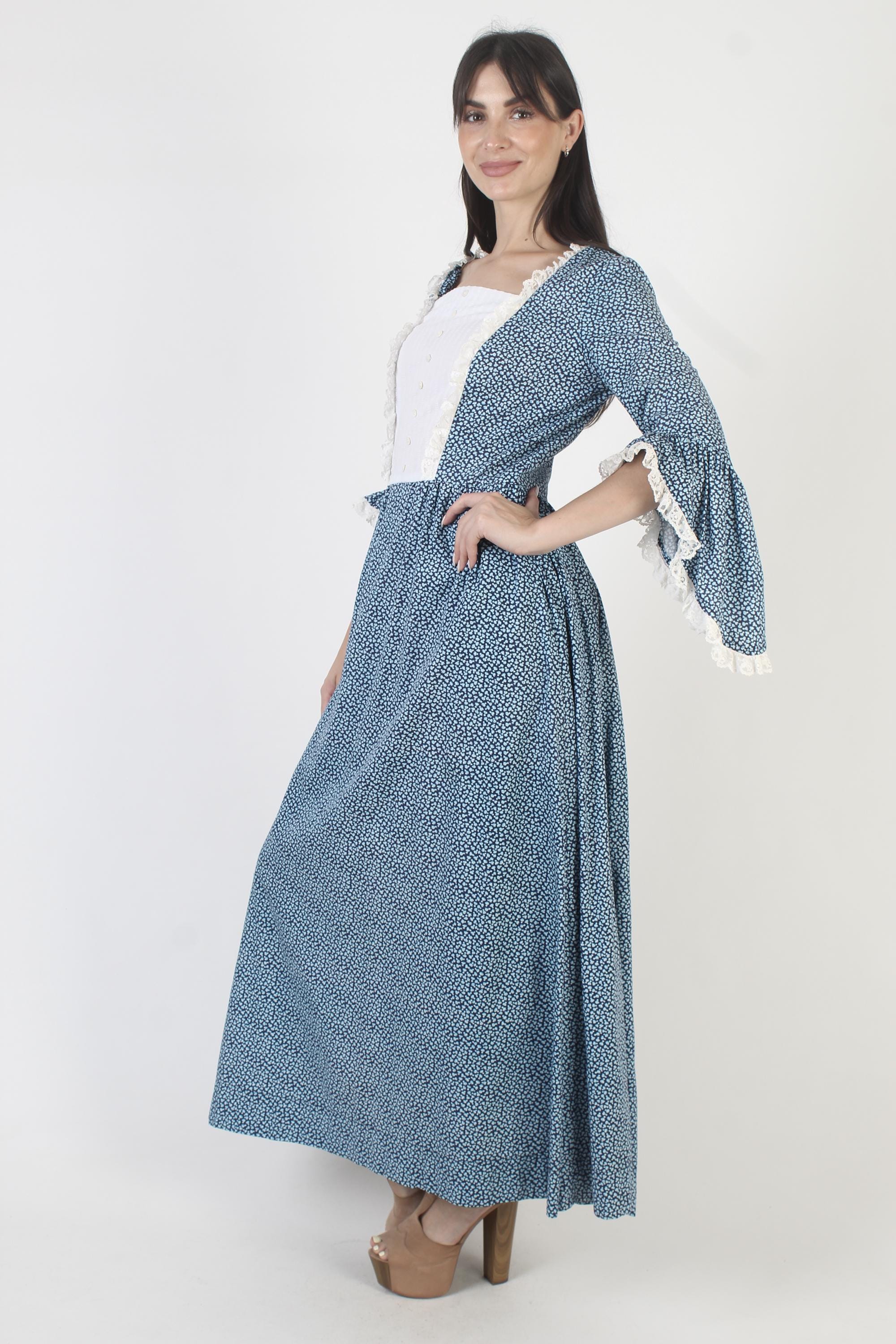 modern calico dress Antique Victorian Indigo Blue Calico Dandelion Floral Wrapper Prairie Dress