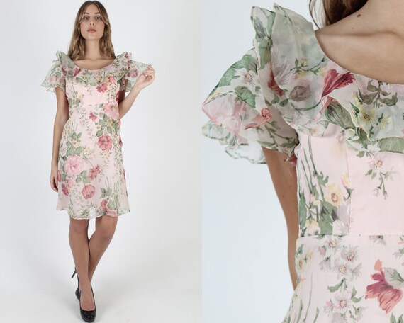 Pink Floral Chiffon Mini Dress / Vintage 70s Garde