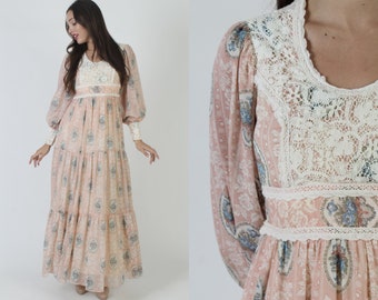 Colonial Print Art Nouveau Dress, Delicate All Over Floral Toile Material, Vintage Romantic Garden Crochet Maxi Gown