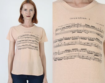 Johann Sebastian Bach T Shirt, Vintage 70s Musical Notes Tee, Music Sheet Composer Top, Size Small S
