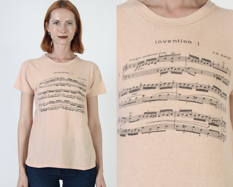 Johann Sebastian Bach T Shirt, Vintage 70s Musical Notes Tee, Music Sheet Composer Top, Size Small S image 1