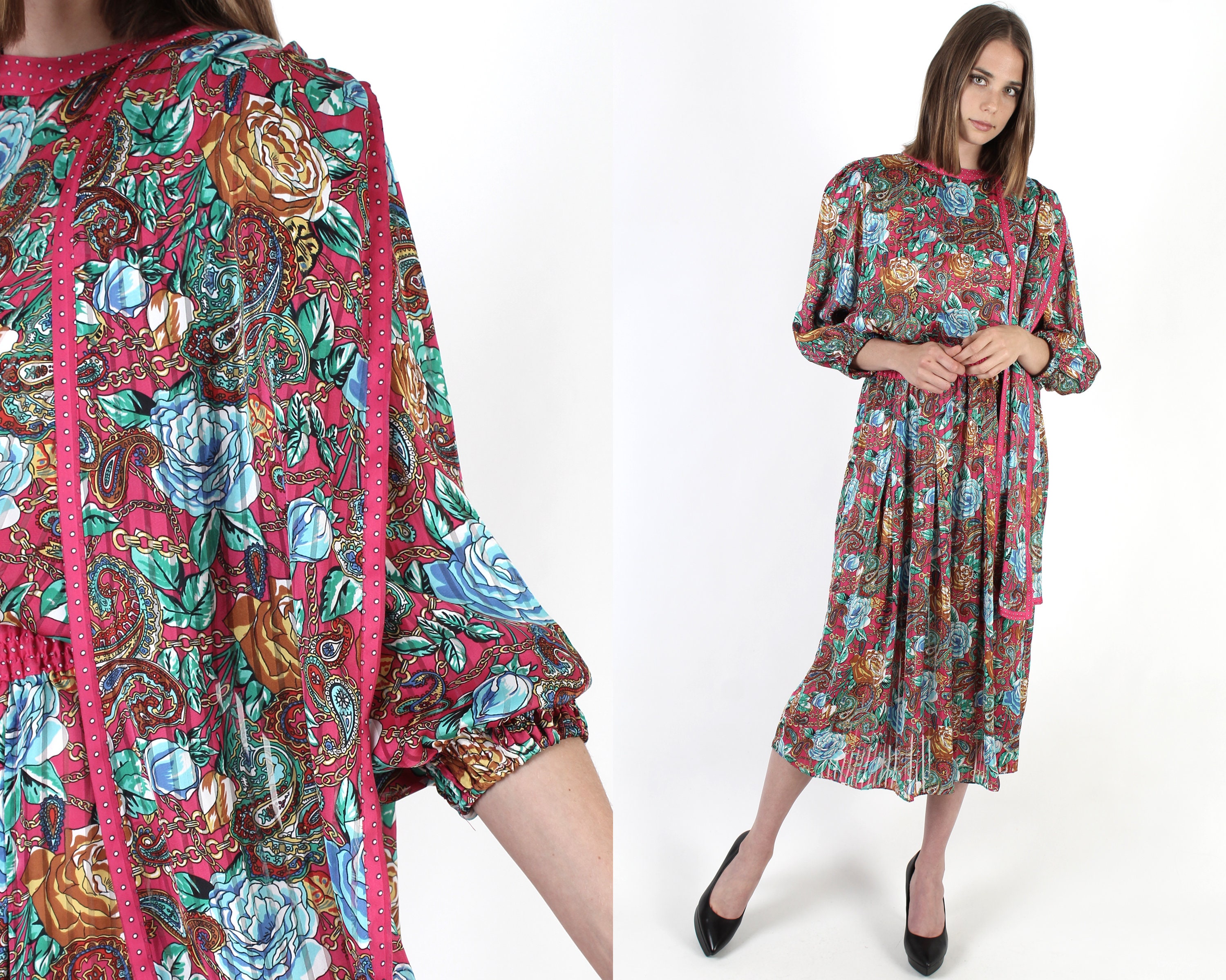 Blouse Vintage Femme Style Italien - Motif Chaîne Et écharpe - Manches Courtes - Taille L - Occasion Très Bon état