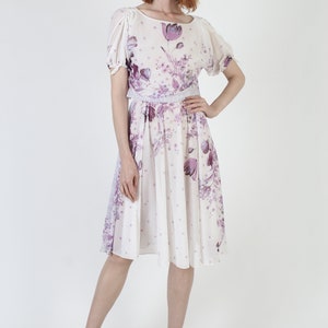 70s Thin Purple Floral Dress / Sheer Flower Full Draped Frock / Lightweight Airy Midi Sundress image 3