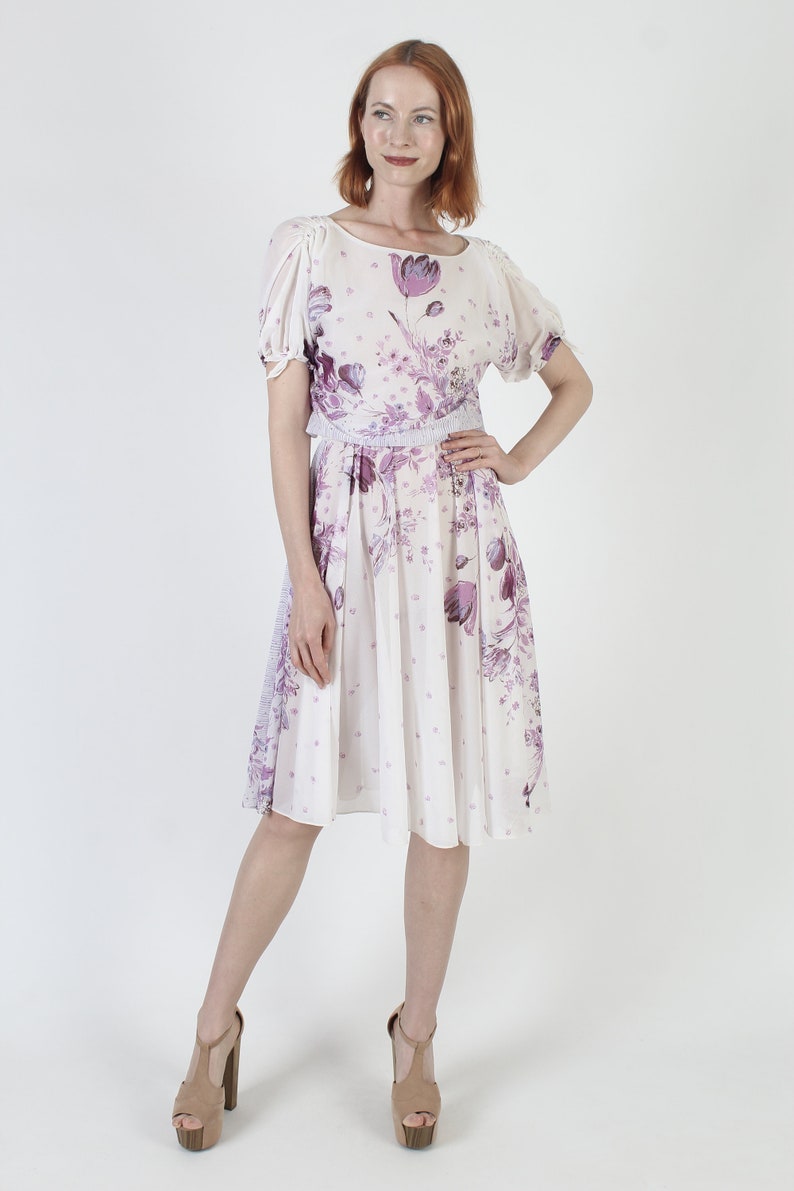 70s Thin Purple Floral Dress / Sheer Flower Full Draped Frock / Lightweight Airy Midi Sundress image 3