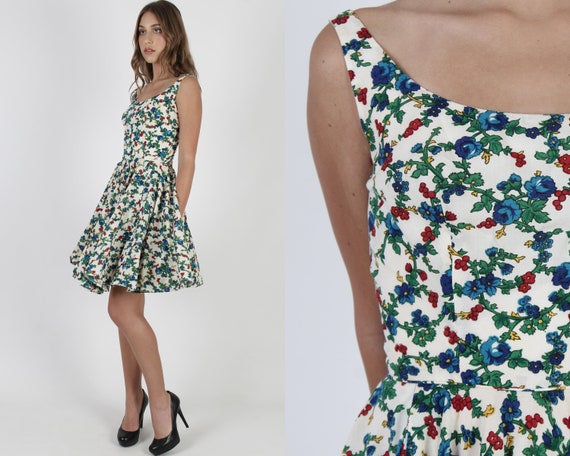 50s Full Skirt Dress / 1950s White Floral Vine Pri
