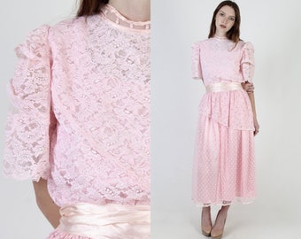 Vintage 80s Pink Swiss Dot Lace Dress / Sheer Floral Bridal Bridesmaid Dress / Layered Bell Sleeve Party Gown / Antique Style Maxi Dress