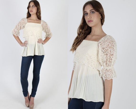 Plain Puff Sleeve Blouse / Vintage 70s Lace Disco