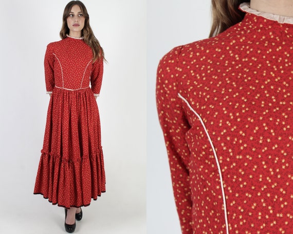 70s Country Floral Dress / Red Western Calico Dres