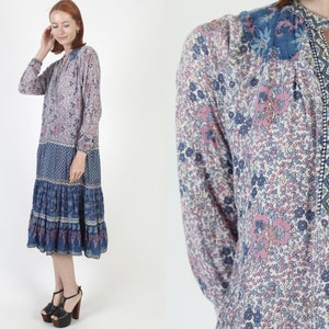 Authentic Kaiser Brand India Guaze Dress / Thin Purple Floral Block Print Cotton / Ethnic Sheer Summer Midi Size S image 1
