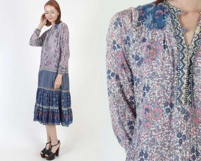 Authentic Kaiser Brand India Guaze Dress / Thin Purple Floral Block Print Cotton / Ethnic Sheer Summer Midi Size S image 1