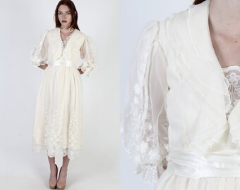 80s Floral Embroidered Dress Country Bridal Sheer Ivory Chiffon Maxi Dress