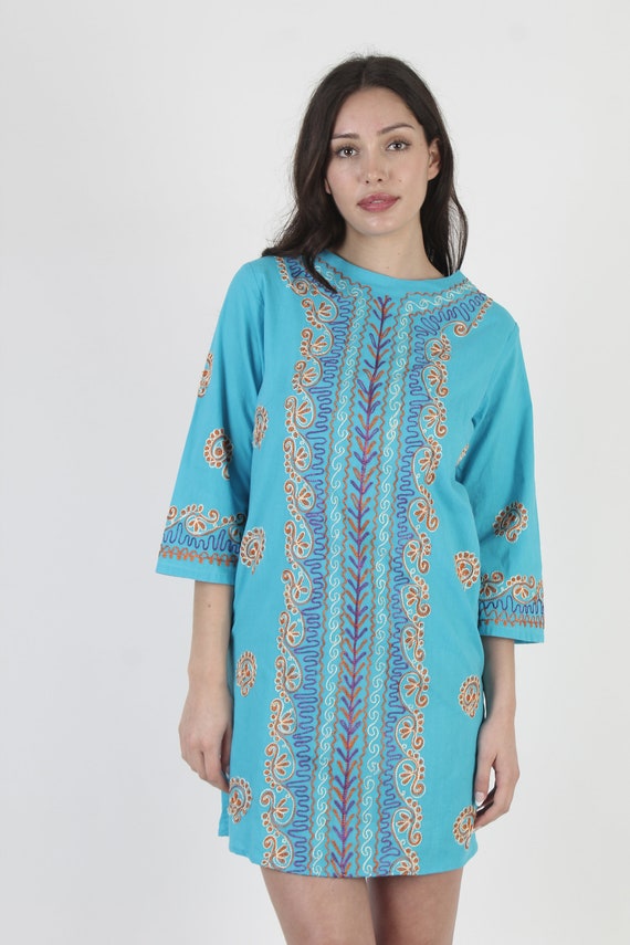 Teal Embroidered Caftan Bell Sleeve Turquoise Min… - image 4