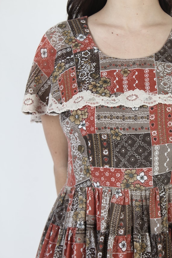 Retro Patchwork O-Neck Dress Women Cotton Autumn