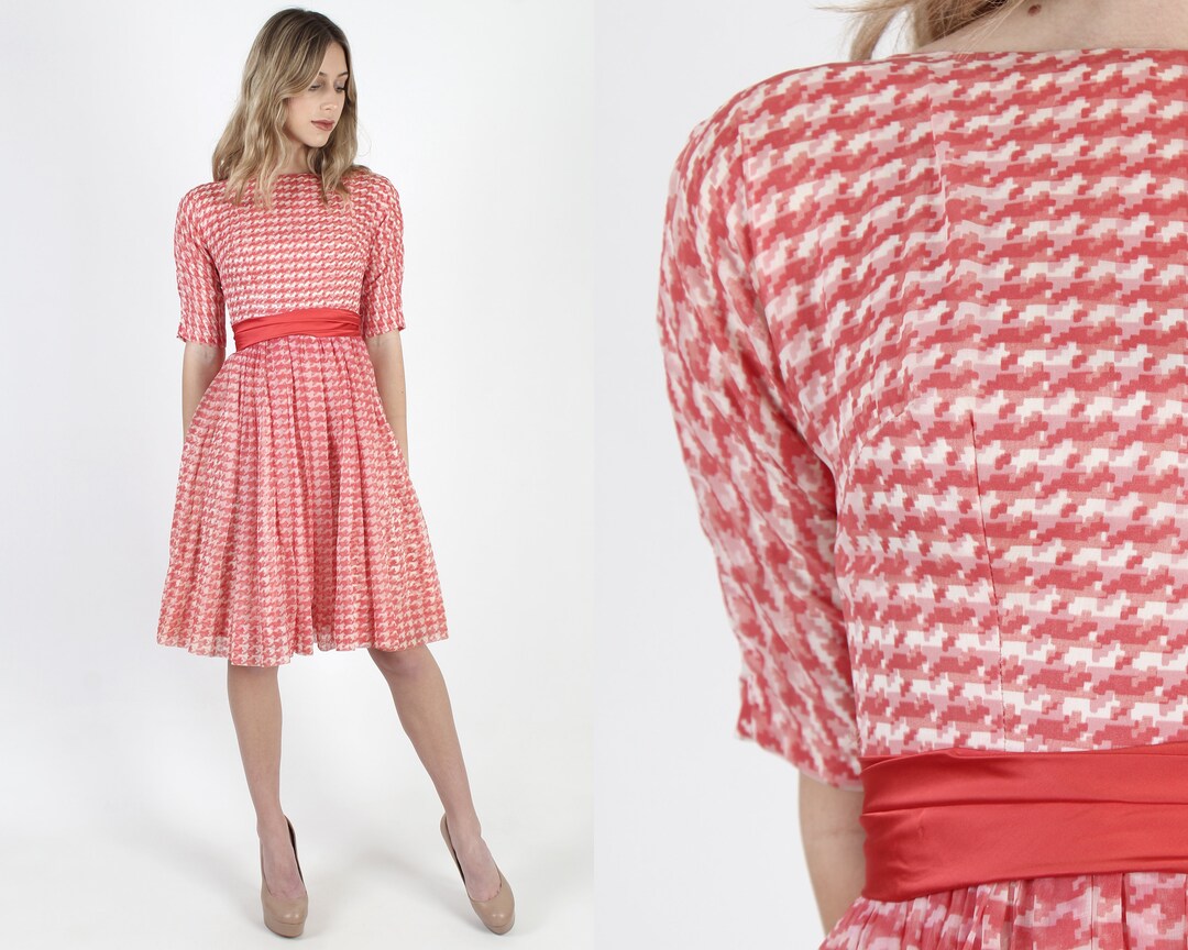 1950s Red Houndstooth Print Dress Vintage 50s White Sheer - Etsy