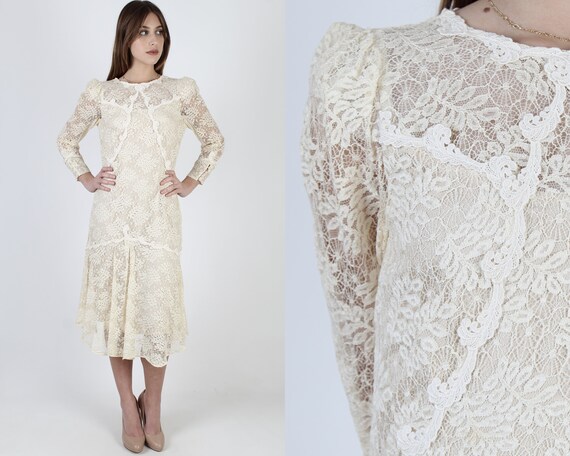 Vintage 80s Deco Wedding Dress / Sheer Ivory Drop