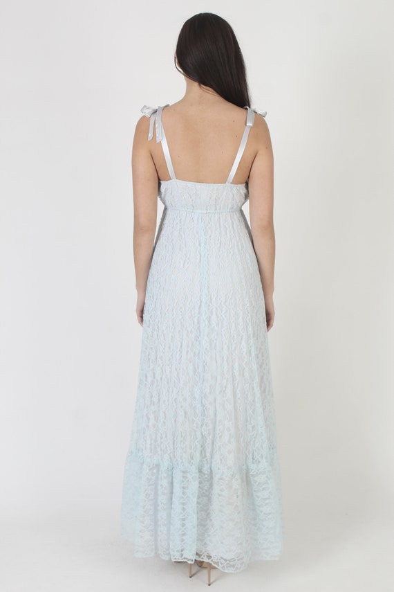All Over Lace Shoulder Tie Wedding Dress, 70s Lon… - image 4