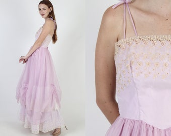 19th Century Style Maxi Dress / Vintage 70s Western Saloon Dress / 1970s Romantic Wedding Dress / Lilac Satin Saloon Fairytale Gown