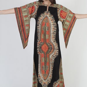 70s Navy Dashiki Maxi Dress / Large Indian Bell Sleeve Ethnic Gown / Wing Kimono Style Angel Arms / Vintage Bohemian Festival Caftan image 3
