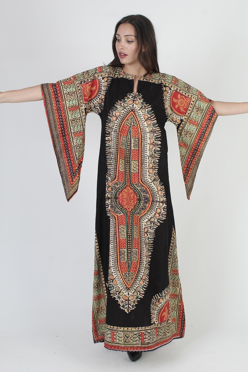 70s Navy Dashiki Maxi Dress / Large Indian Bell Sleeve Ethnic Gown / Wing Kimono Style Angel Arms / Vintage Bohemian Festival Caftan image 3