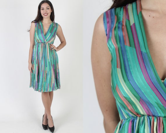 Cute Bright Color Rainbow Silk Tank Dress, Vintag… - image 1