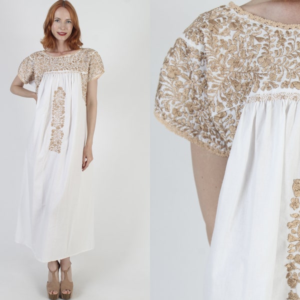 Robe longue de Oaxaca en coton blanc, robe d'été San Antonio à fleurs brodées d'or, vêtements traditionnels mexicains Puebla