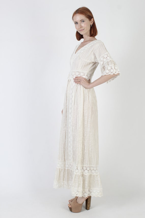 Off White Mexican Pintuck Bell Sleeve Wedding Dre… - image 4