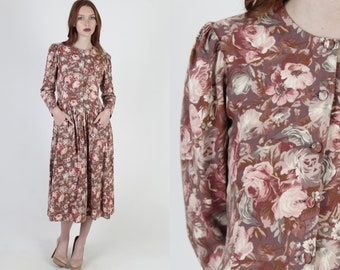 80s Laura Ashley Floral Dress, 1980s Sheer Autumn Flower Button Dress, Womens Designer Maxi Pockets Dress Size UK 10 US 8