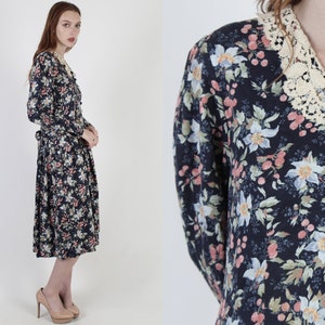 Laura Ashley Dress, Crochet Roll Collar, 80s Garden Print, Waist Tie Midi, UK 12 US 8