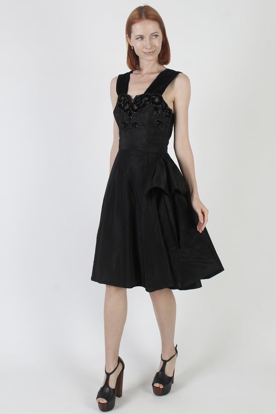 40s Black Floral Beaded Dress, Large Full Circle … - image 4
