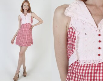 Red Gingham Dagger Collar Dress Americana Picnic Saloon Outfit Country Waitress White Lace Eyelet Trim