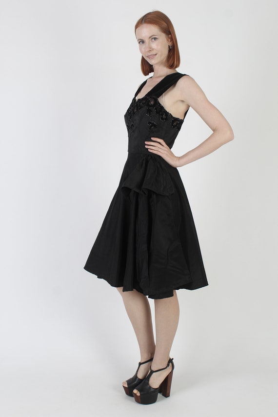 40s Black Floral Beaded Dress, Large Full Circle … - image 5