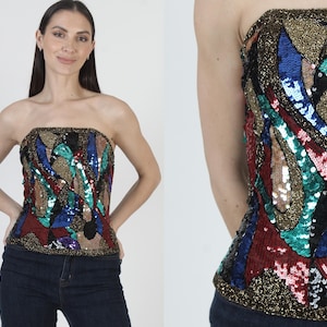 80s Sequin Bustier Top: Vintage Beaded Party Blouse