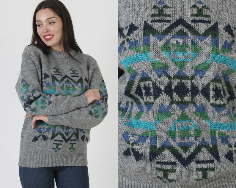 Pendleton Southwestern Sweater / Grey Rainbow Knit Chief Joseph Design / Vintage Native American Unisex Wool Jumper XL image 1