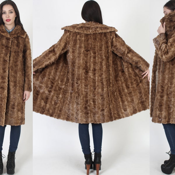 Large Fur Collar Mink Coat / Real Chevron Print Swing Jacket / Vintage 60s Feathered Autumn Haze Color